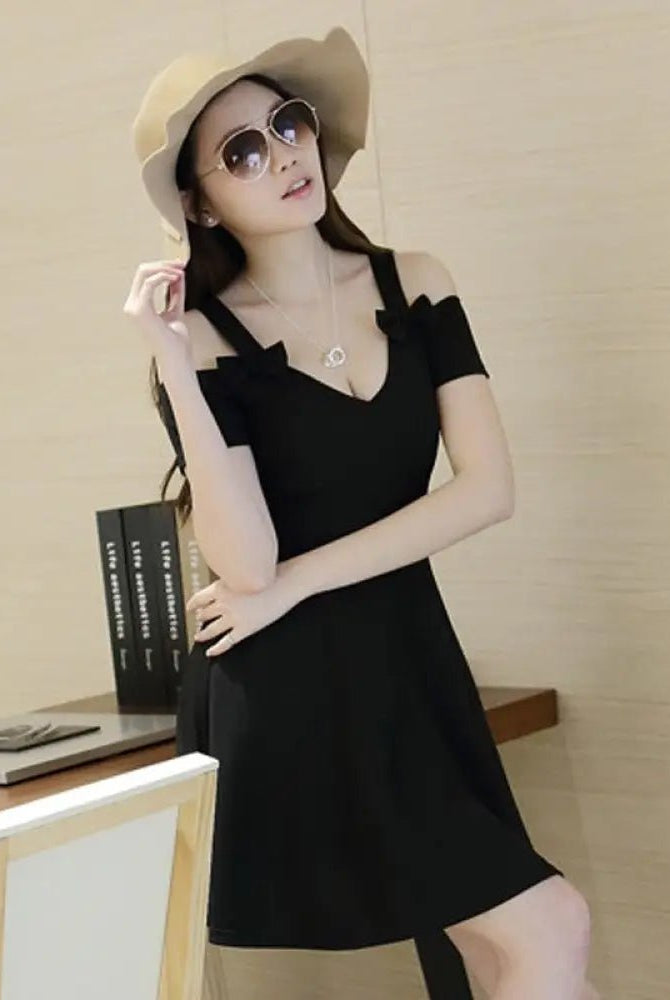 "Black Bow Open Shoulder Dress" - The Cursed Closet