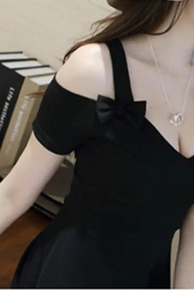 "Black Bow Open Shoulder Dress" - The Cursed Closet