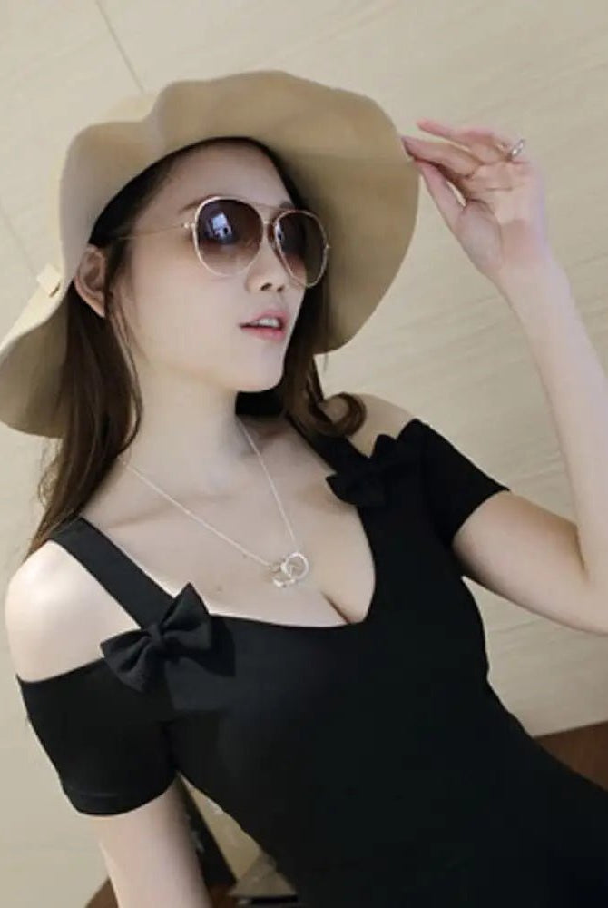 "Black Bow Open Shoulder Dress" - The Cursed Closet