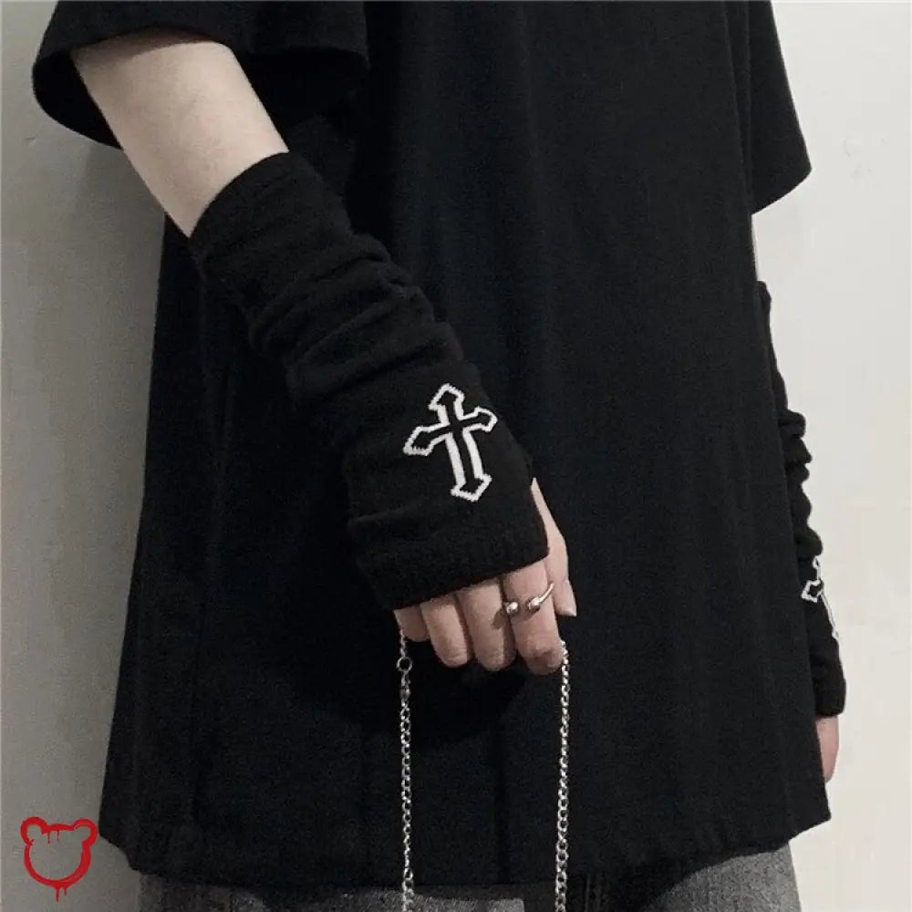 Black Cross Fingerless Gloves - The Cursed Closet