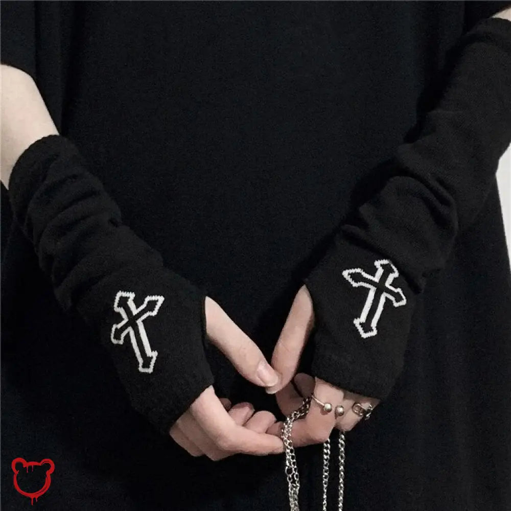 Black Cross Fingerless Gloves - The Cursed Closet