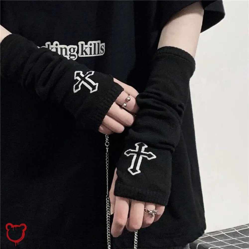 Black Cross Fingerless Gloves - The Cursed Closet