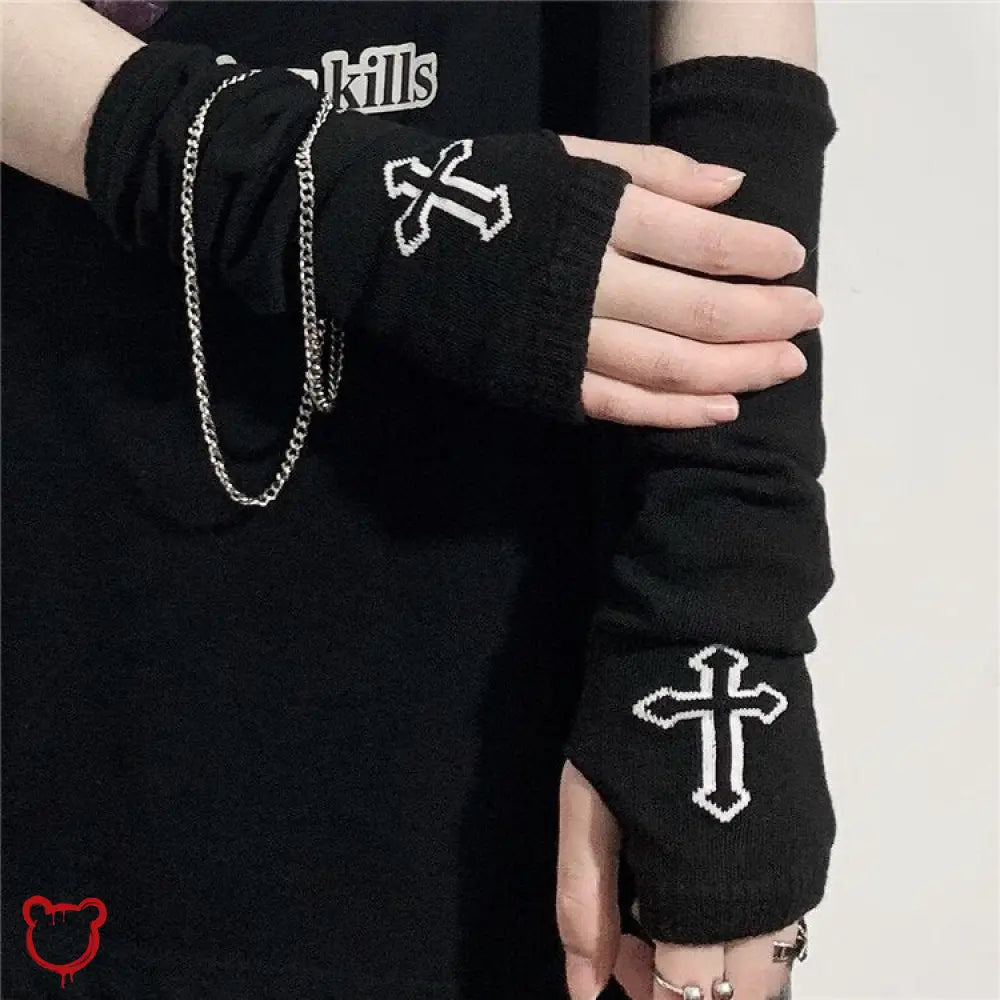 Black Cross Fingerless Gloves - The Cursed Closet
