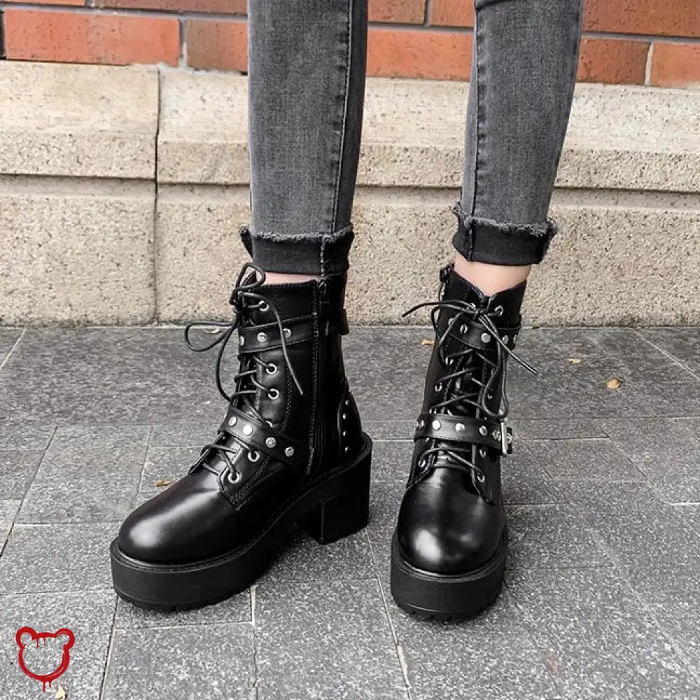 Black Goth Lace - Up Boots - The Cursed Closet