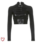 Black Gothic Faux Leather Patchwork Top - The Cursed Closet