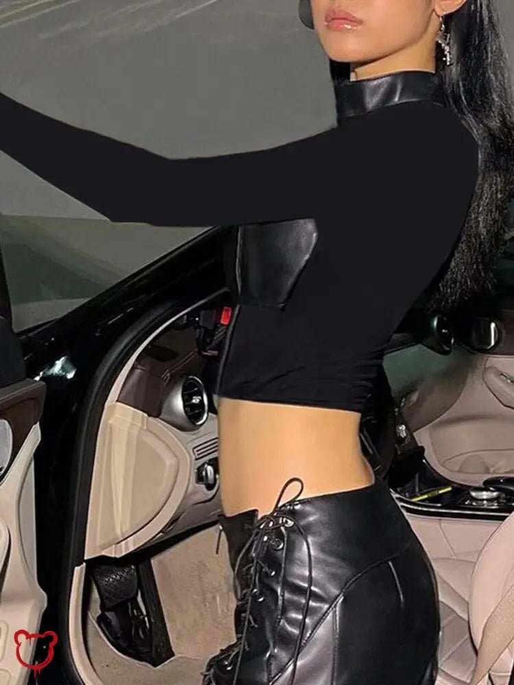 Black Gothic Faux Leather Patchwork Top - The Cursed Closet