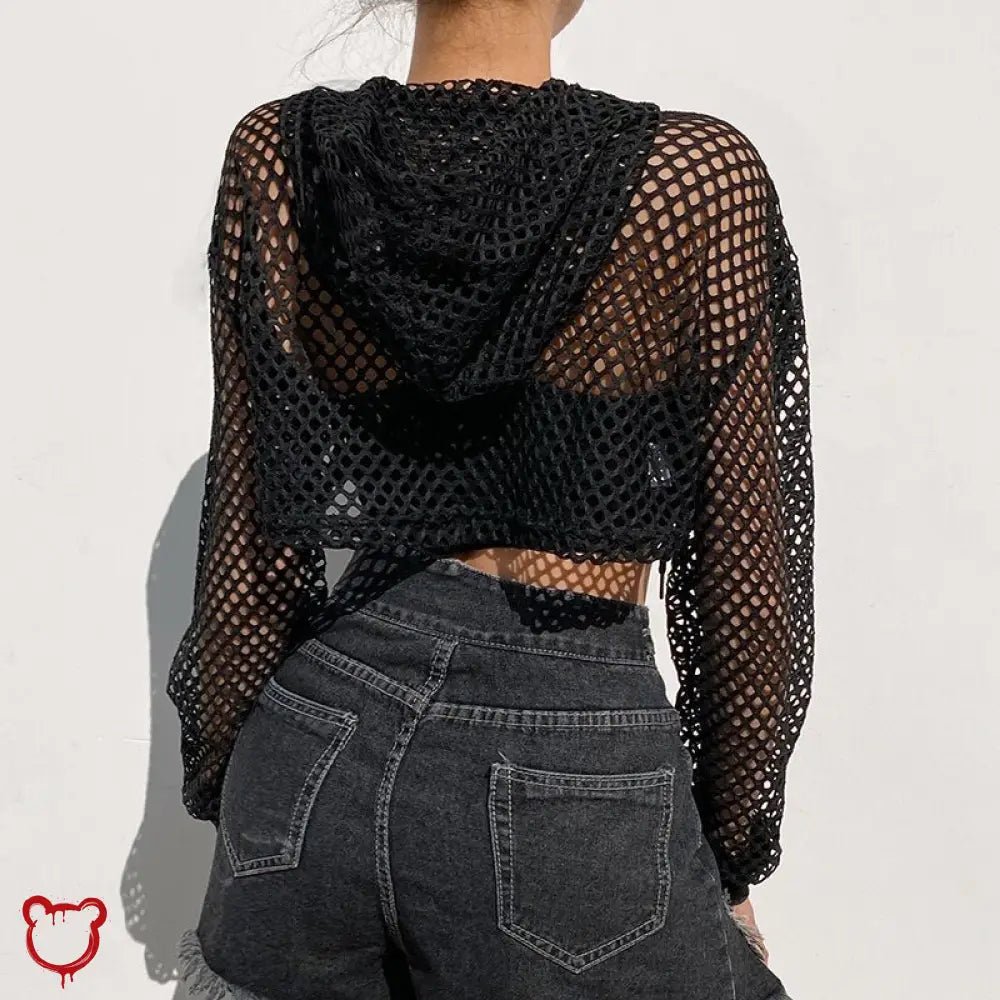 "Black Grunge Fishnet Hooded Crop Top" - The Cursed Closet