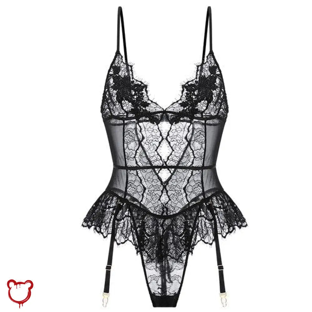 Black lace bodysuit: "Whiplash Noir Lace Bodysuit" - The Cursed Closet