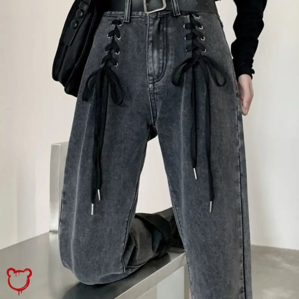 Black Lace - Up Denim Pants - The Cursed Closet