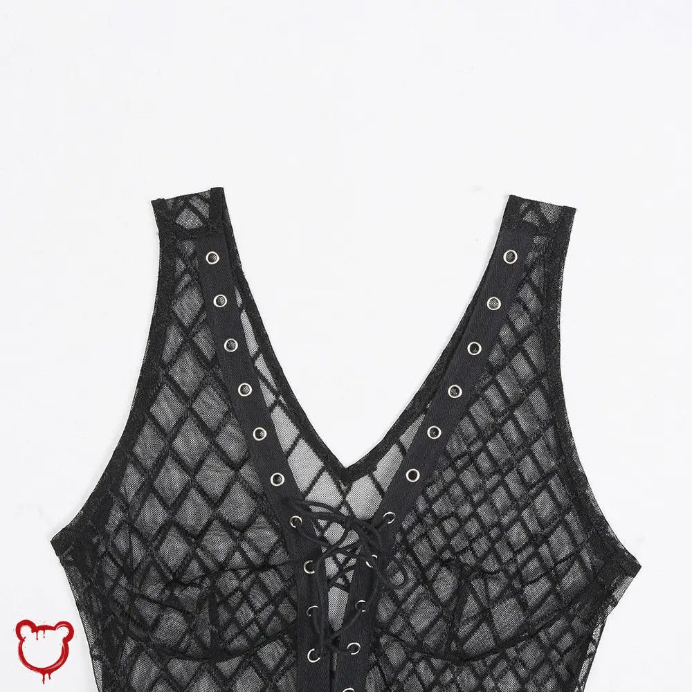 Black Lace - Up Fishnet Bodysuit - The Cursed Closet