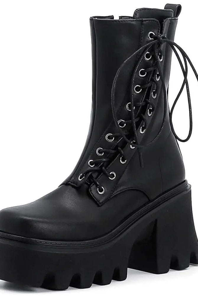 Black Lace-Up PU Leather Boots