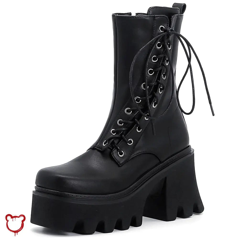 Black Lace - Up PU Leather Boots - The Cursed Closet