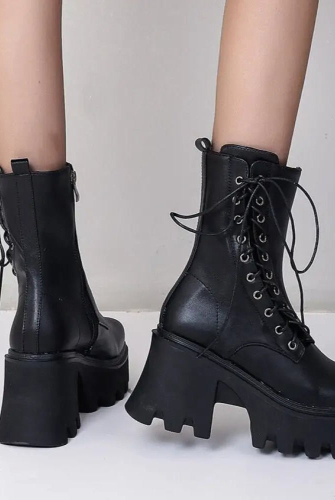 Black Lace-Up PU Leather Boots