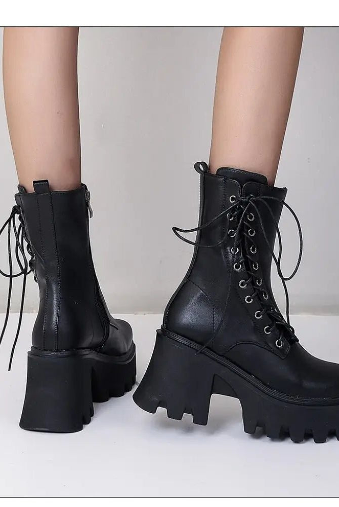 Black Lace-Up PU Leather Boots
