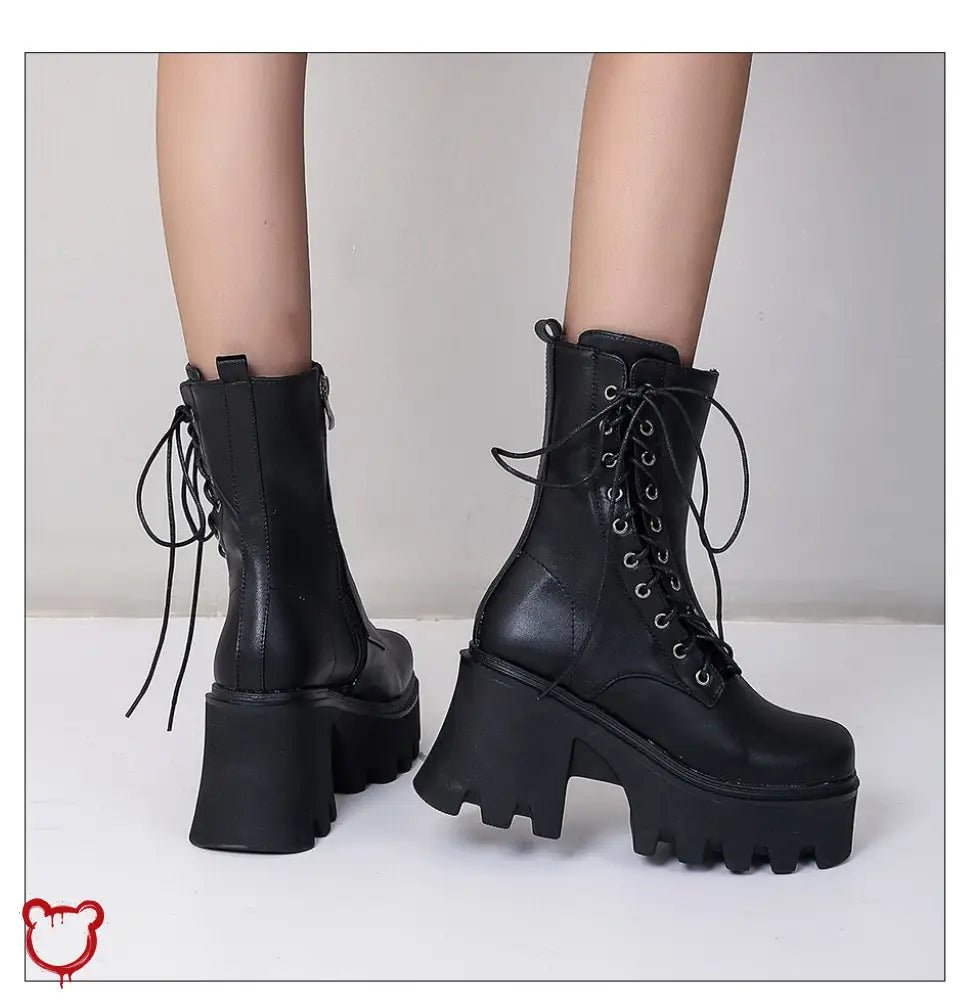 Black Lace - Up PU Leather Boots - The Cursed Closet
