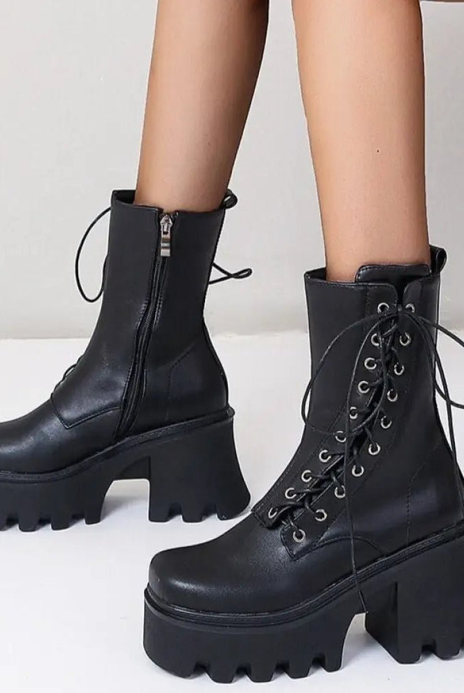 Black Lace-Up PU Leather Boots