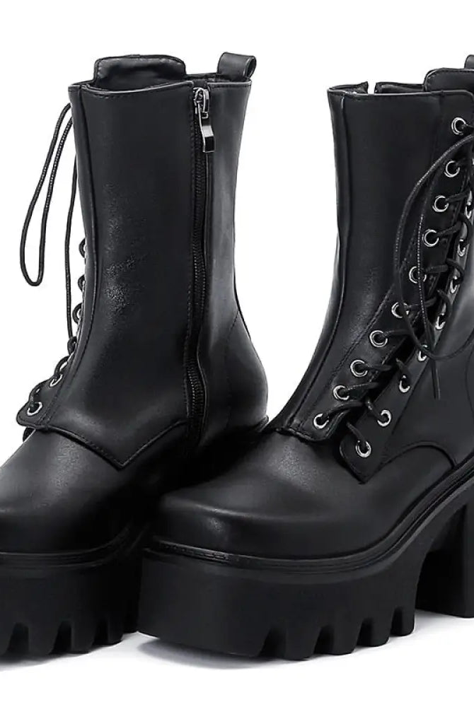 Black Lace-Up PU Leather Boots