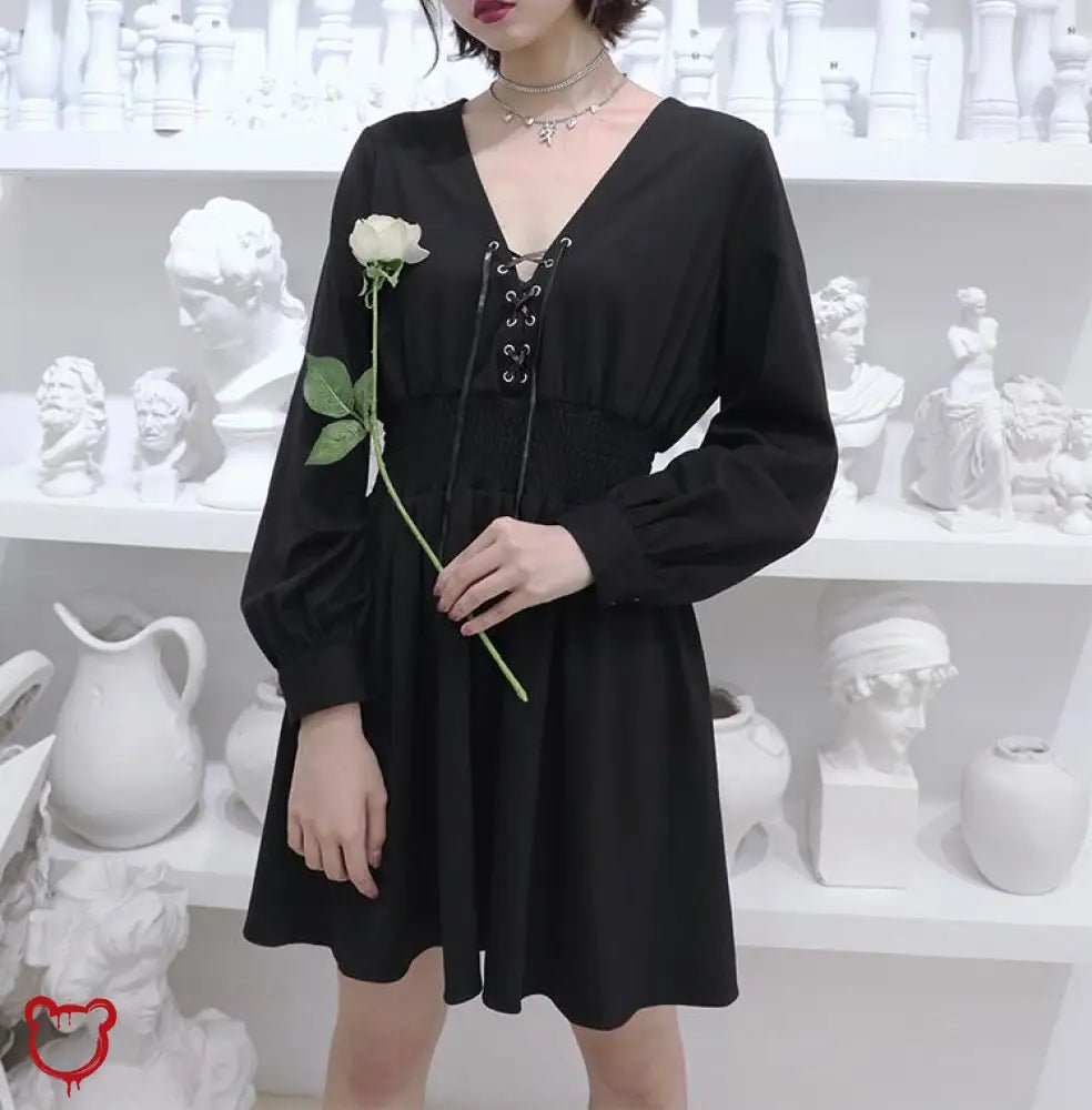 Black Lace - Up V - Neck Dress - The Cursed Closet
