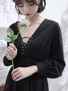 Black Lace - Up V - Neck Dress - The Cursed Closet