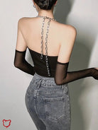 Black Mesh Chain Halter Bodysuit - The Cursed Closet
