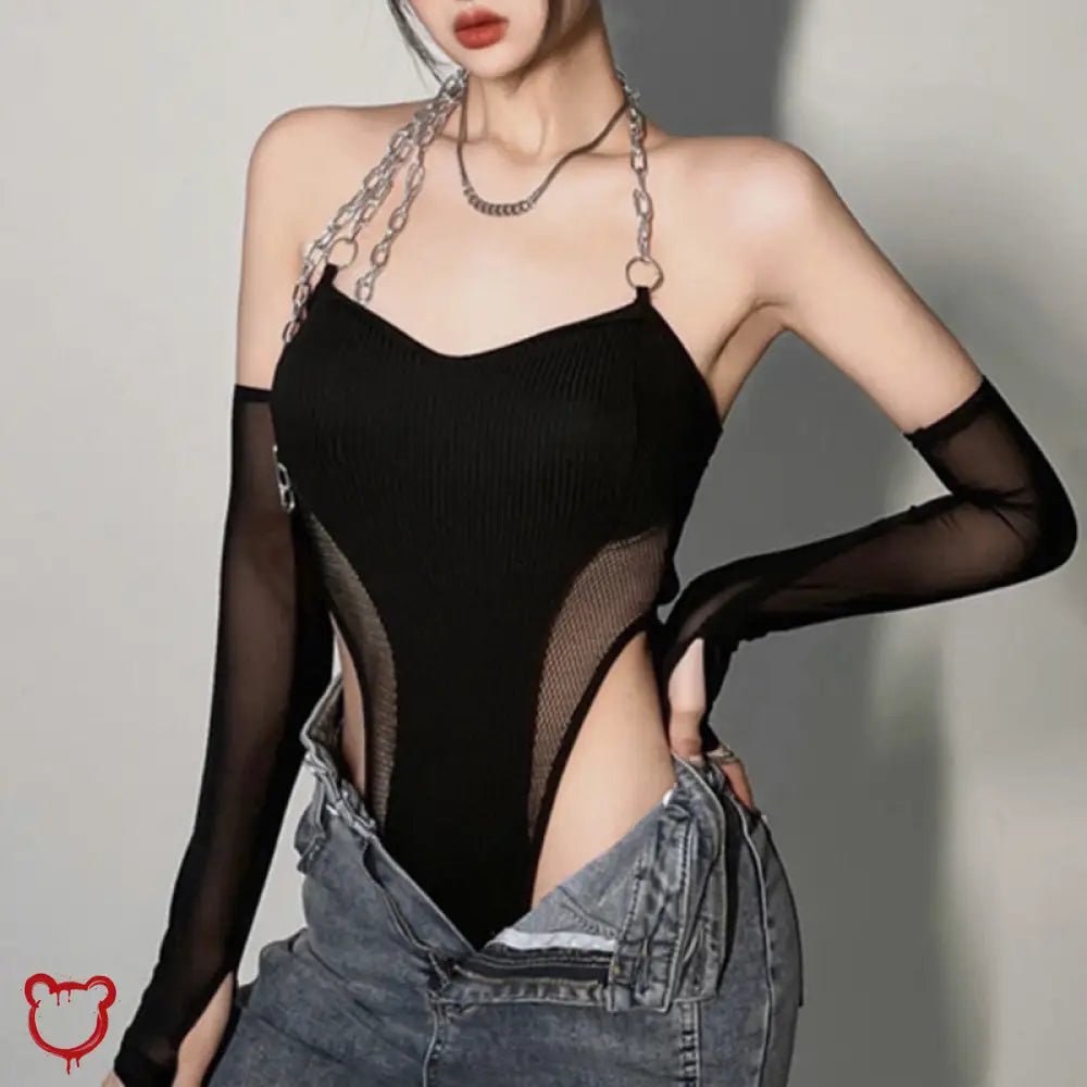 Black Mesh Chain Halter Bodysuit - The Cursed Closet