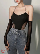 Black Mesh Chain Halter Bodysuit - The Cursed Closet