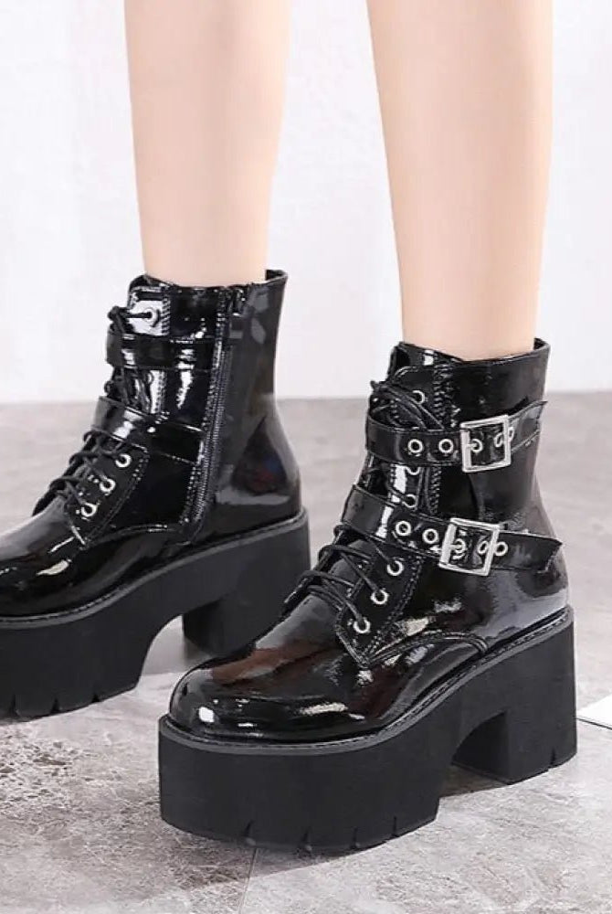 Black Patent Buckle Goth Boots