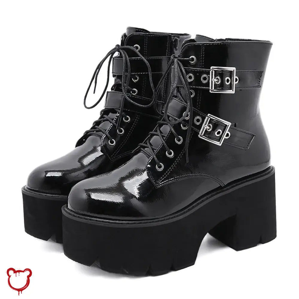 Black Patent Buckle Goth Boots - The Cursed Closet
