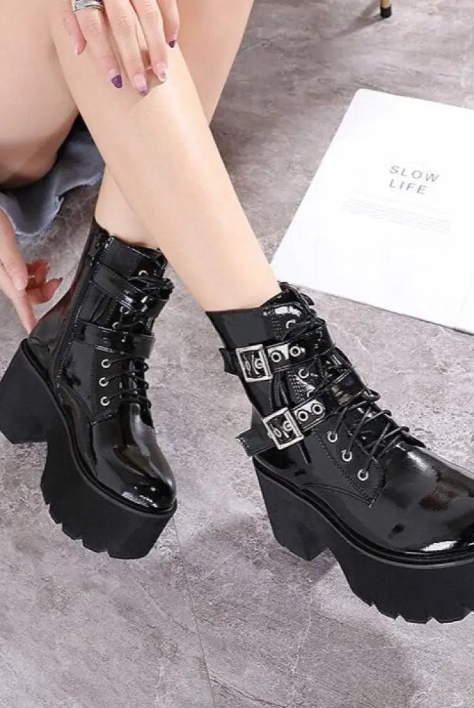 Black Patent Buckle Goth Boots