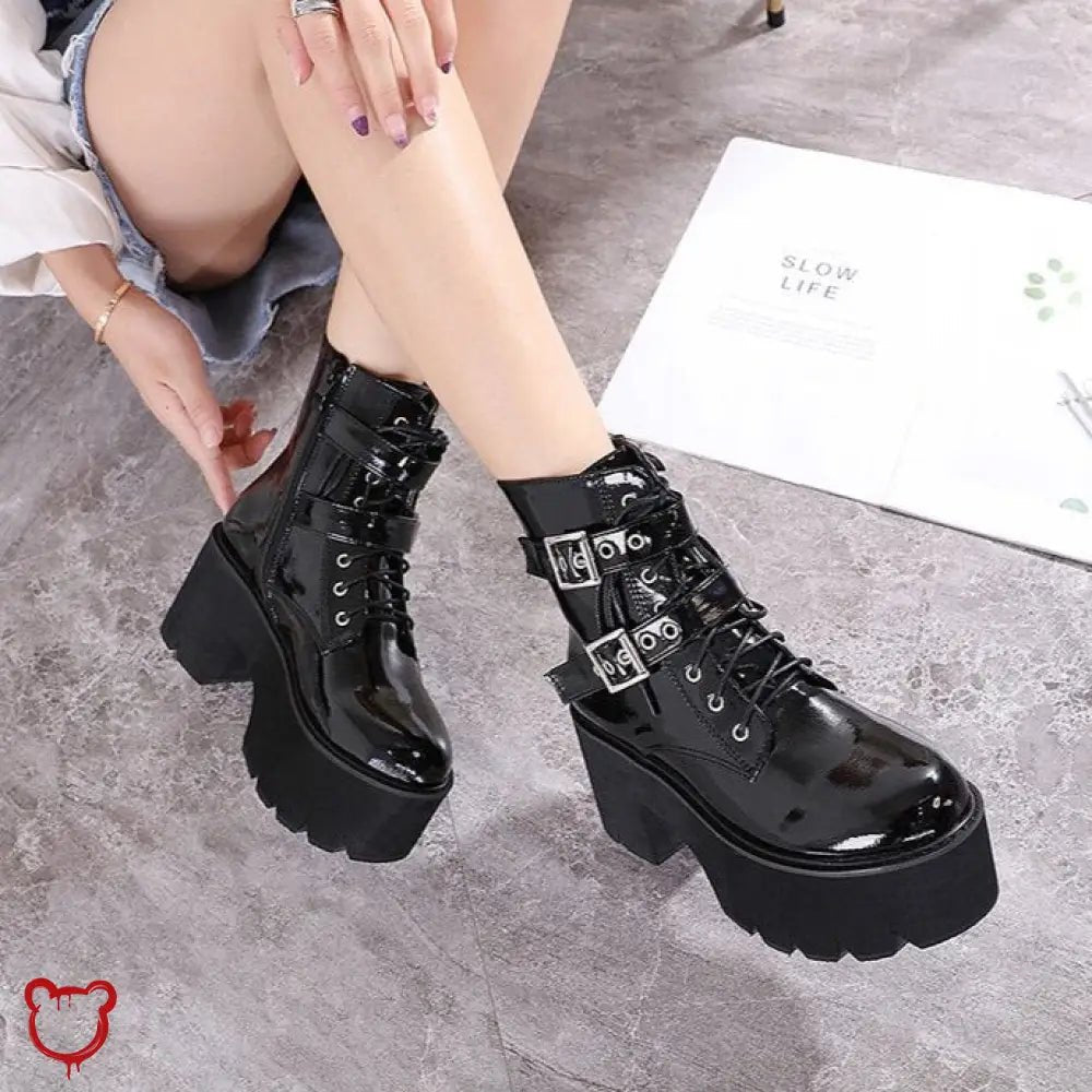 Black Patent Buckle Goth Boots - The Cursed Closet