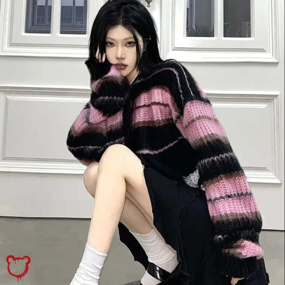 Black Pink Stripe Sweater - Grunge - The Cursed Closet
