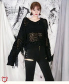 Black Ripped V - Neck Sweater - The Cursed Closet