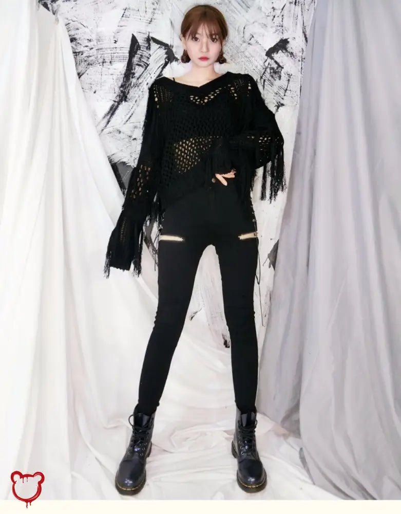 Black Ripped V - Neck Sweater - The Cursed Closet