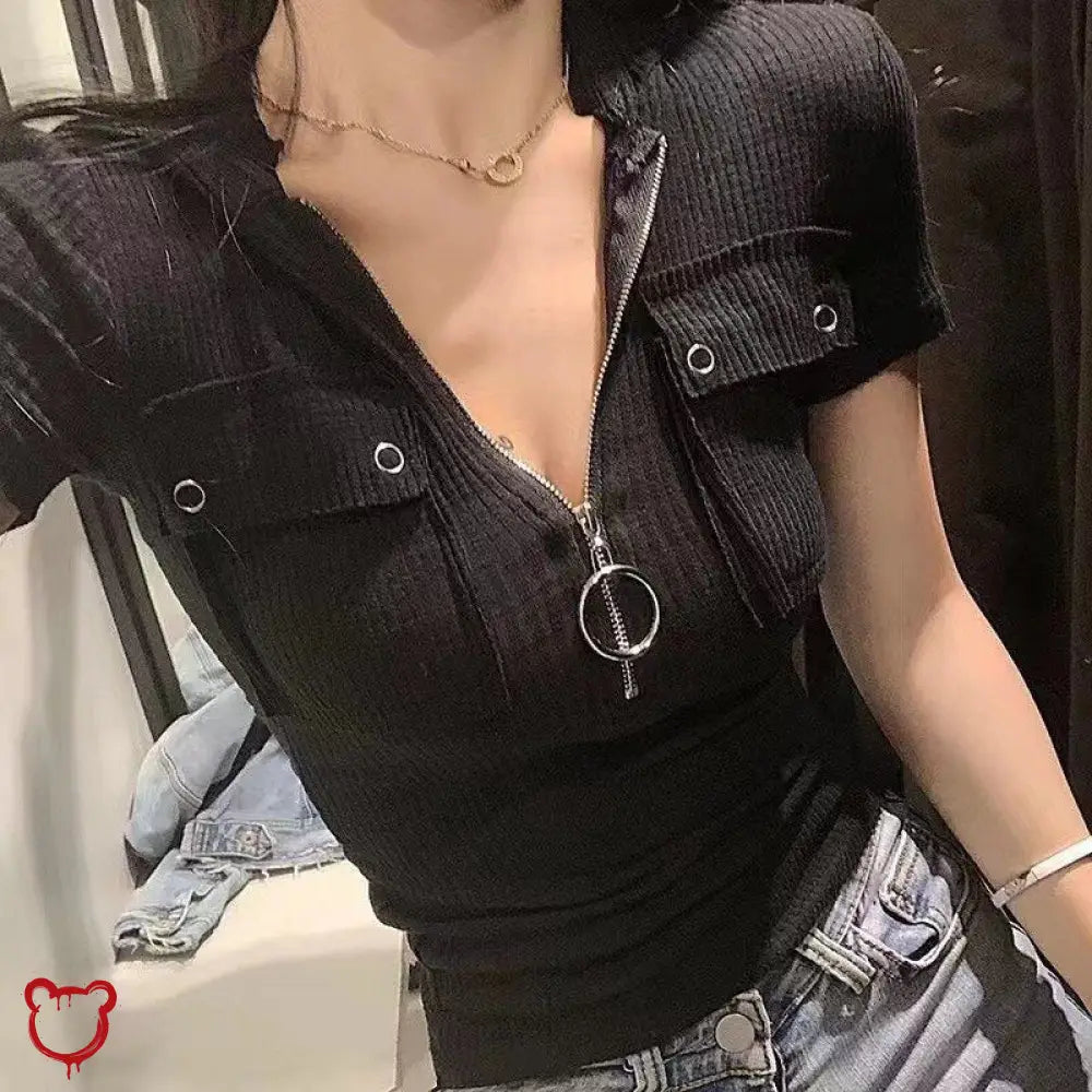 Black Smoked Casual Top Black / S Clothing
