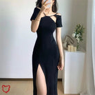 "Black Split Shoulder Dress" - The Cursed Closet