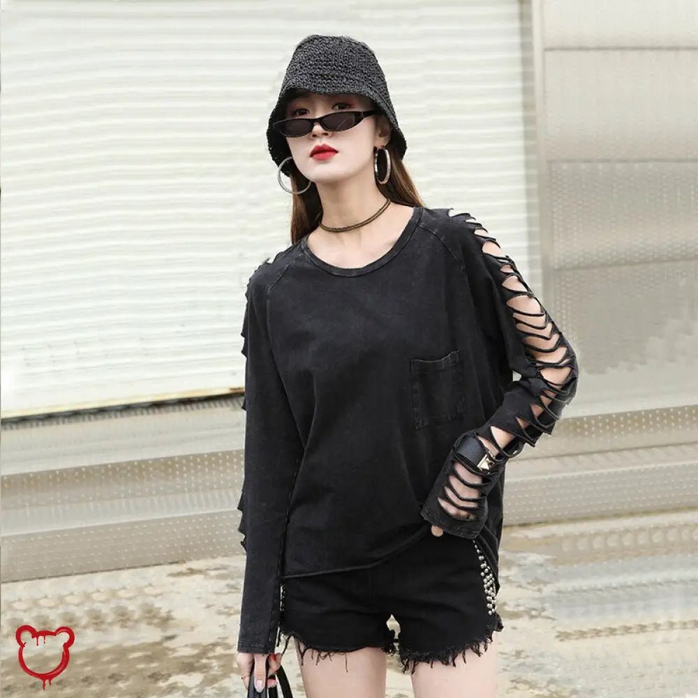Black Torn Grunge Long Sleeve Top - The Cursed Closet