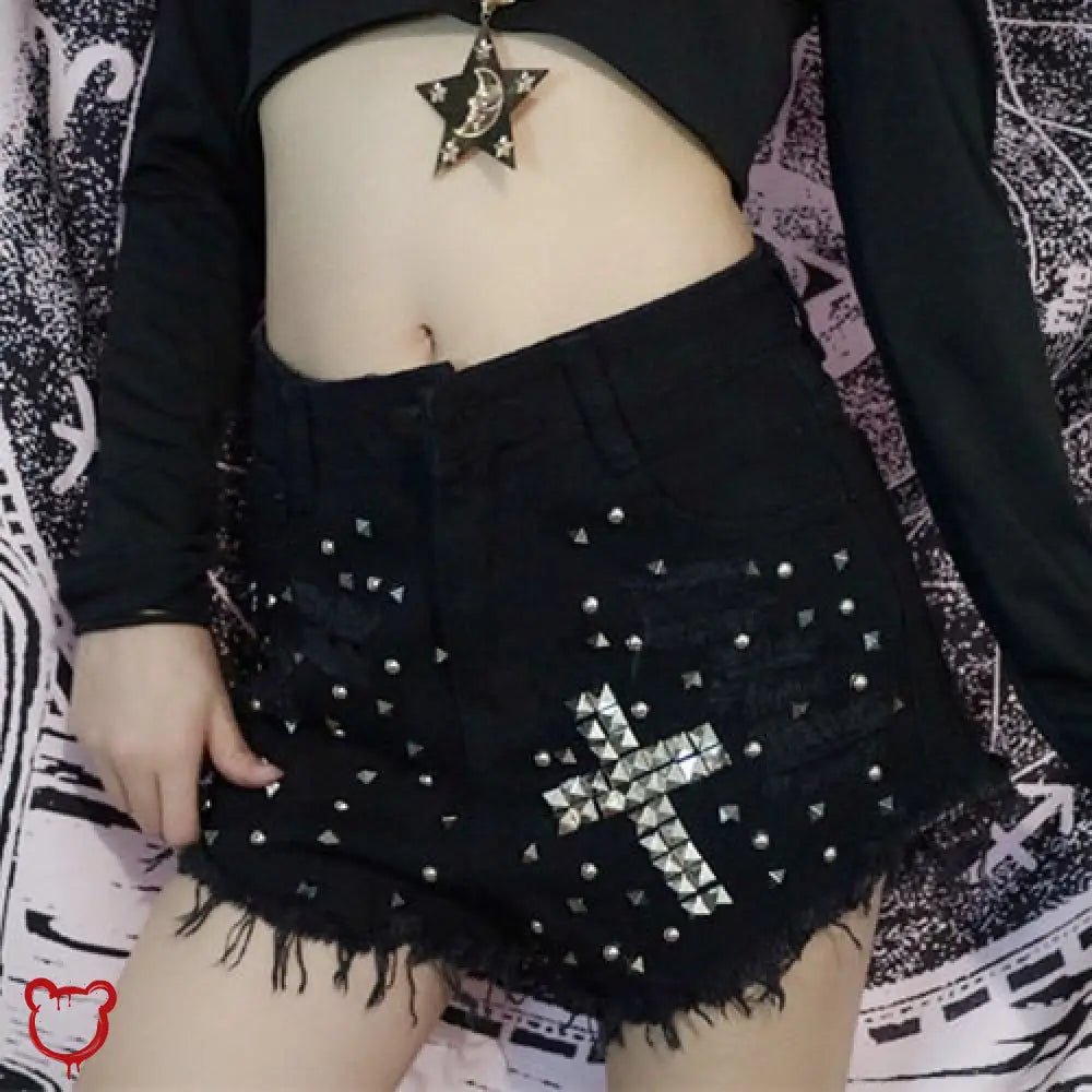 Black/Blue Studded Cross Shorts - The Cursed Closet