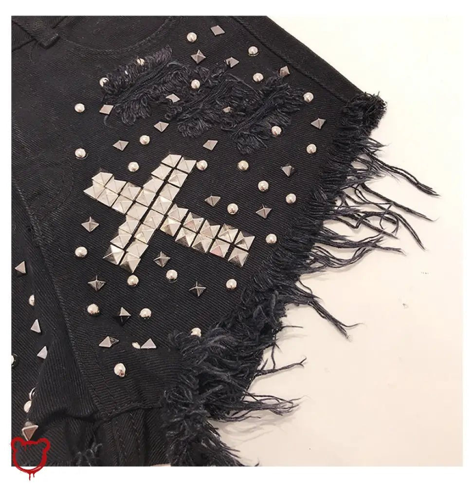 Black/Blue Studded Cross Shorts - The Cursed Closet