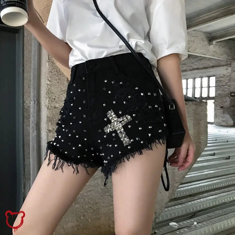 Black/Blue Studded Cross Shorts - The Cursed Closet