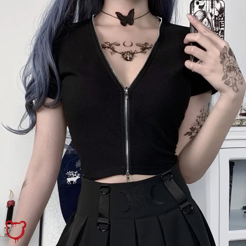 Crimson Goth Zipper V - Neck Top - The Cursed Closet