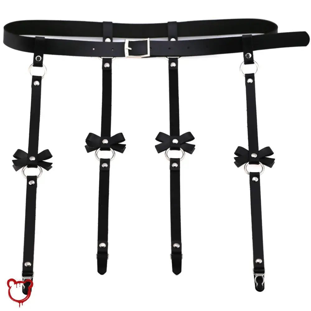 Danger' Black Fake Leather Bow Harness Suspender Belt - The Cursed Closet
