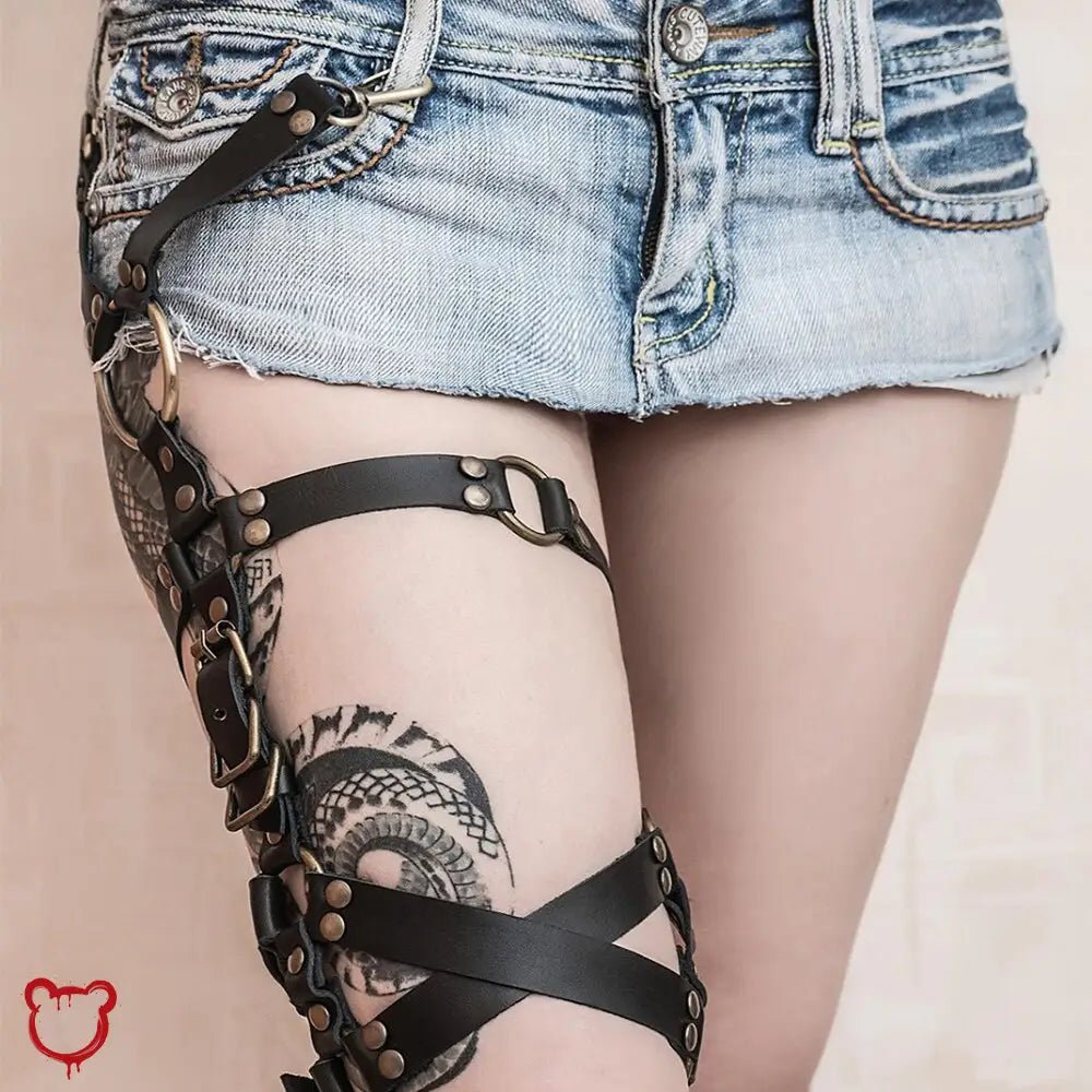 Entangled Black Leather Leg Harness - The Cursed Closet
