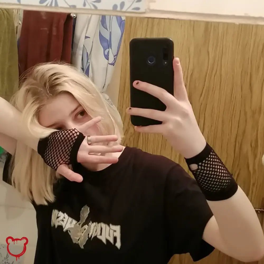 "Fingerless Fishnet Gloves - Black" - The Cursed Closet
