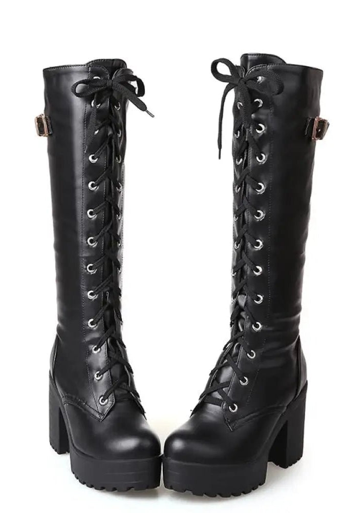 Gothic Lace-Up Knee-High Boots
