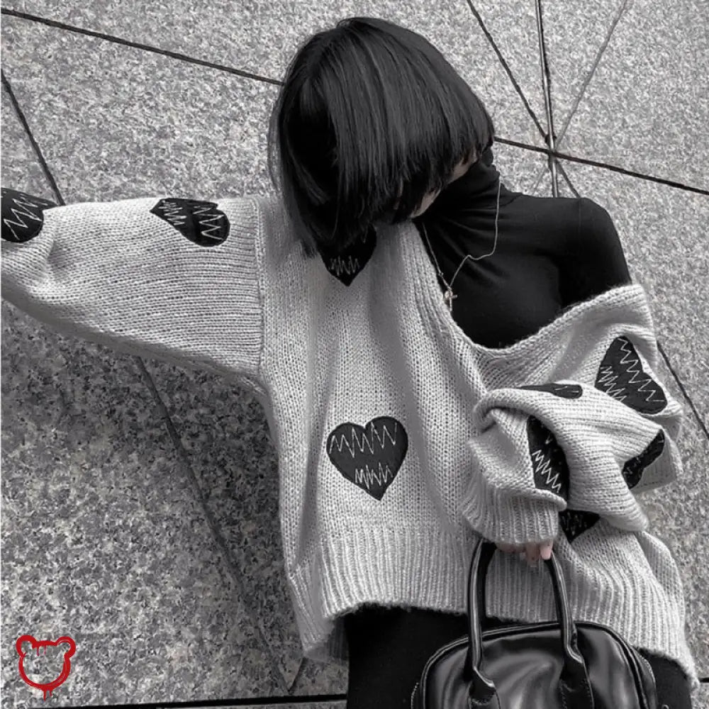 Grey Love' Grunge Embroidery Sweater - The Cursed Closet