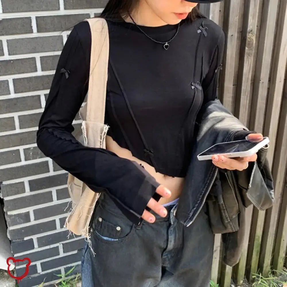 Grunge - inspired Black Bow Crop Top - The Cursed Closet