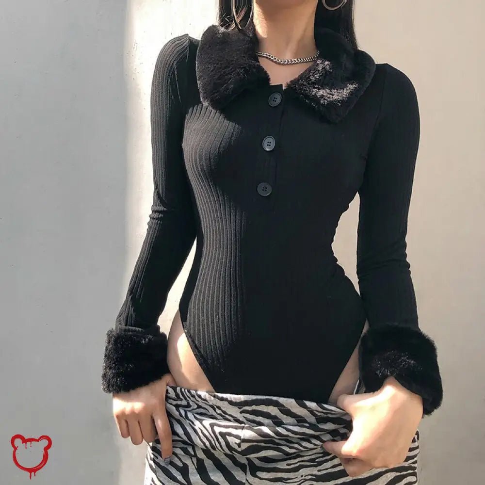 Knitted Faux Fur Bodysuit (Black) - The Cursed Closet