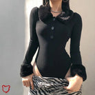 Knitted Faux Fur Bodysuit (Black) - The Cursed Closet