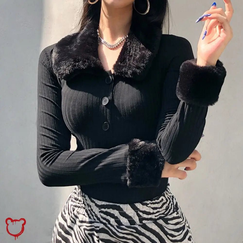 Knitted Faux Fur Bodysuit (Black) - The Cursed Closet