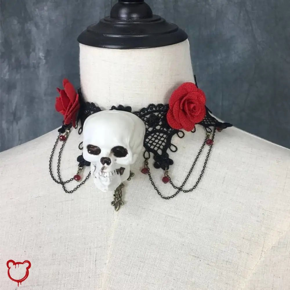 Lace Choker with Skull Rose - The Cursed Closet